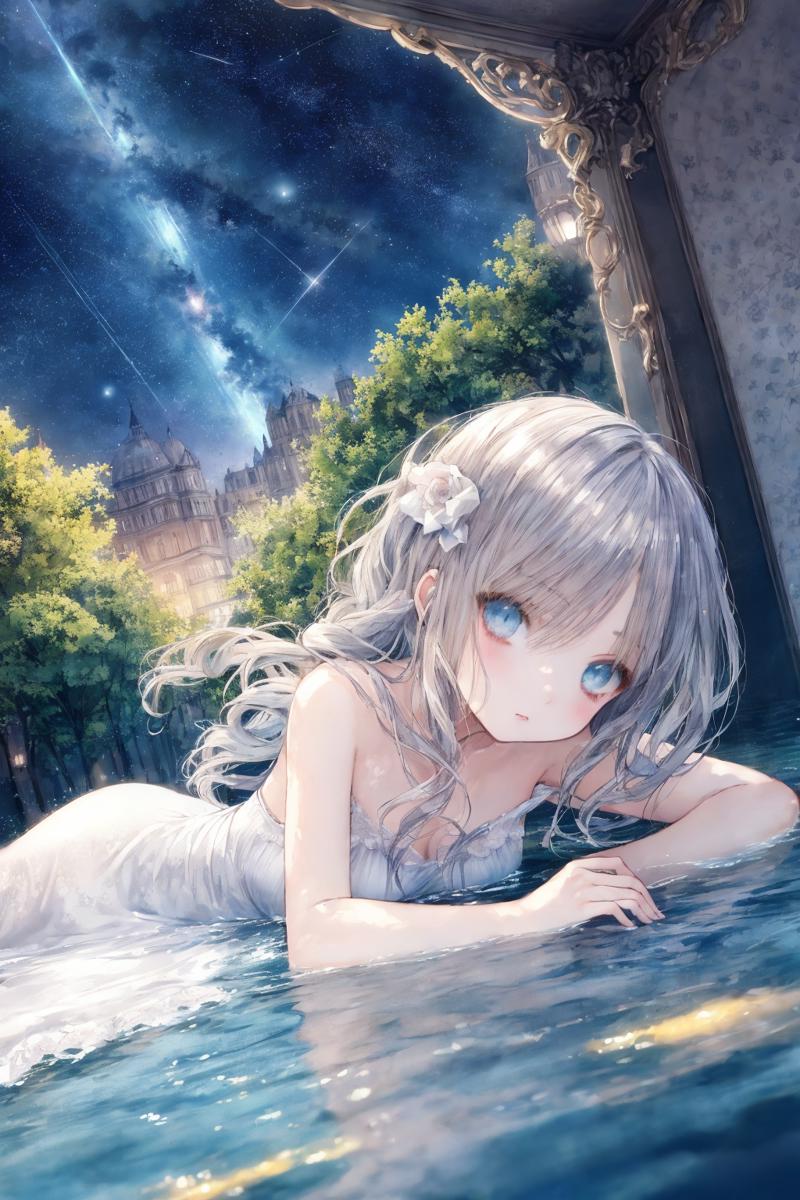 28664-192058865-{masterpiece,best quality,illustration,1 girl,adult female,blue eyes,(starry sky long hair silver),starry sky dress,lying flat o.png